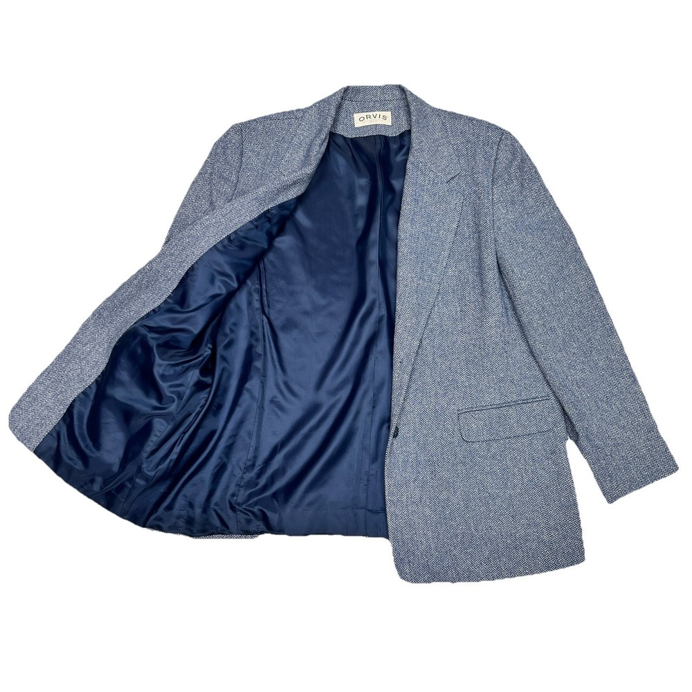 Vtg Silk Wool Orvis Tweed Blazer Jacket Blue Herringbone Size 18 Career Wear USA